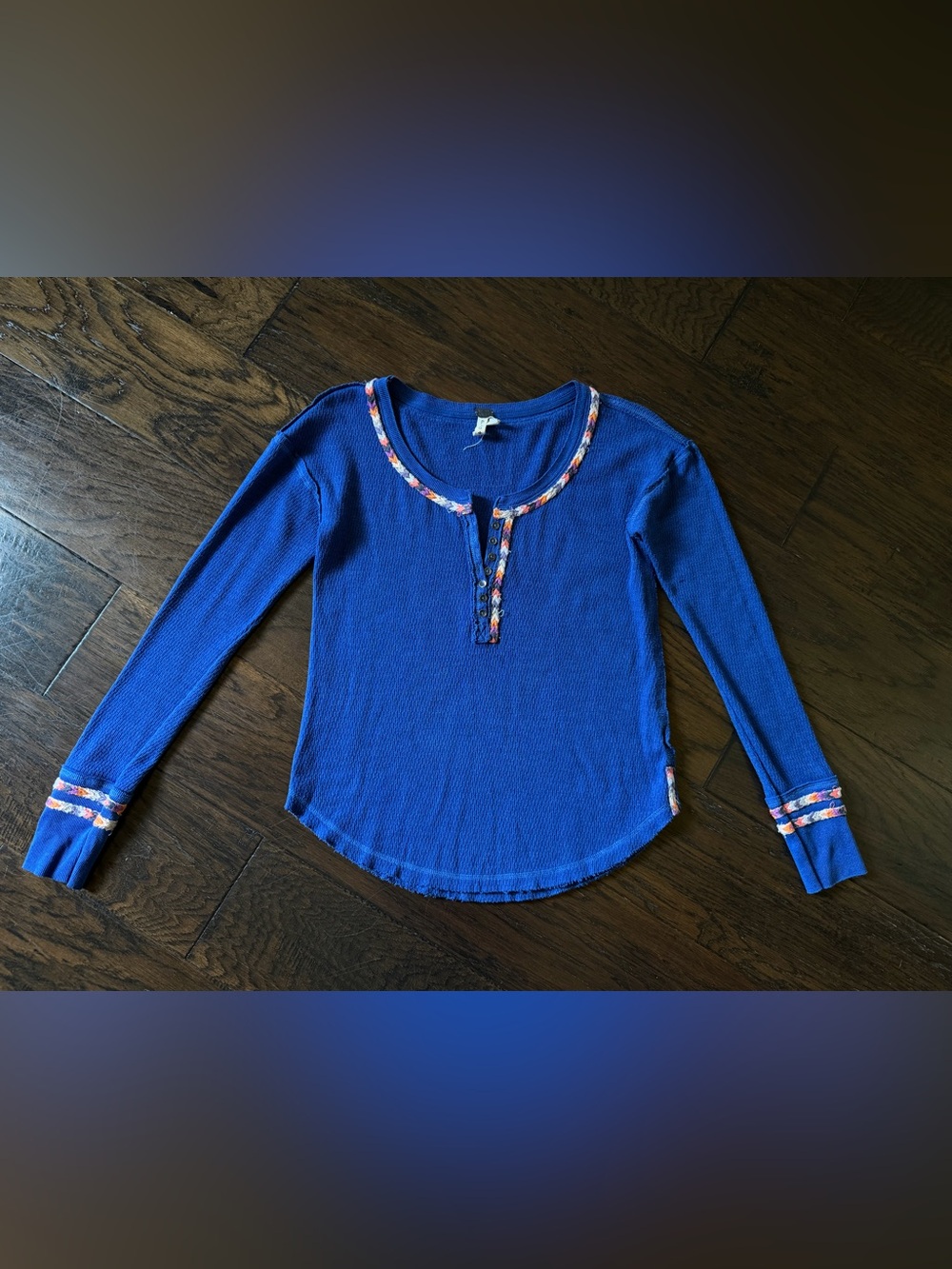 Free People Womens Size S Rainbow Henley Top Embroidered Waffle Knit Blue